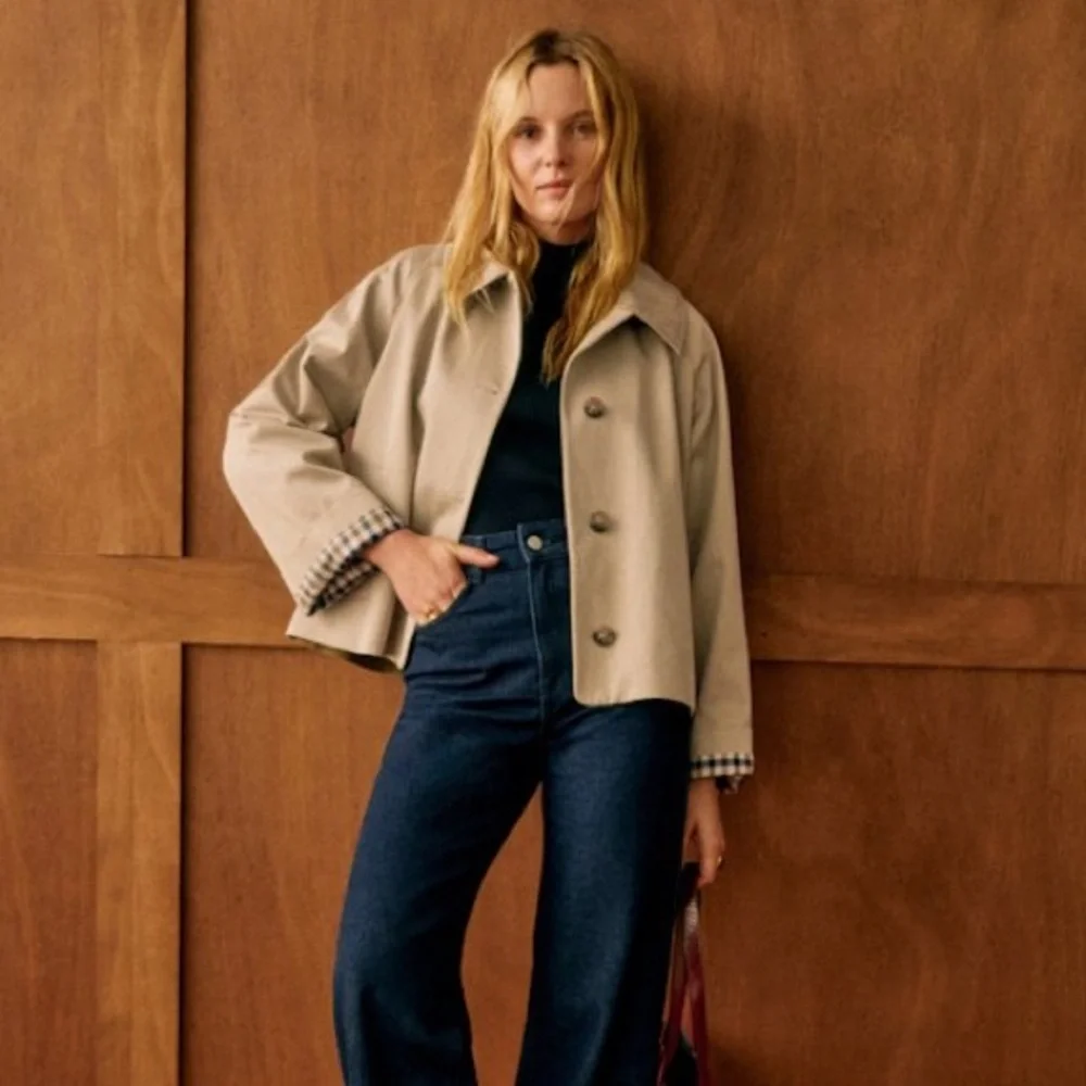 Sezane Bobby Jacket, Light Beige & Gingham, Oversized Cropped Trench, NWT Size 2 - Picture 3 of 16